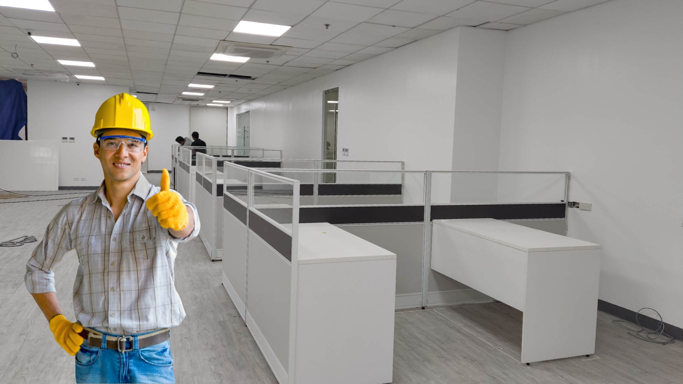 This image shows a contractor giving a thumbs-up in an office space that is being set up with new cubicles. It highlights the progress of the office construction and the contractor's approval of the work being done.