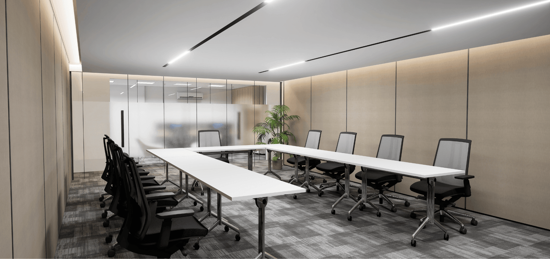 A conference room with training tables and ergonomic chairs and a sliding wall room divider in the philippines