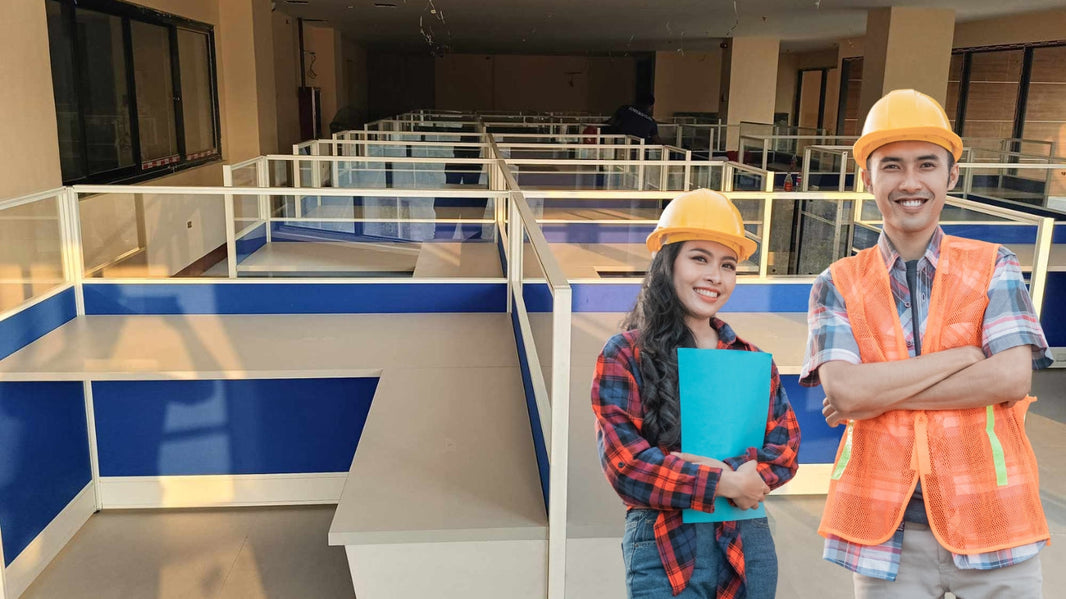 office partition supplier wearing construction helmets and safety vests stand in front of a series of empty workstations in an office setting.