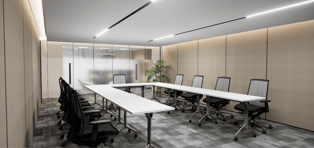A conference room  with training tables and ergonomic chairs and a sliding wall room divider in the philippines